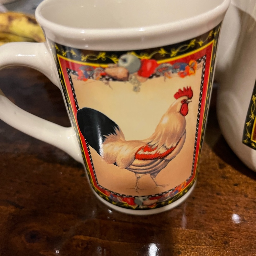 Bay Island Rooster Two Mugs and Tea pot - Red and Black